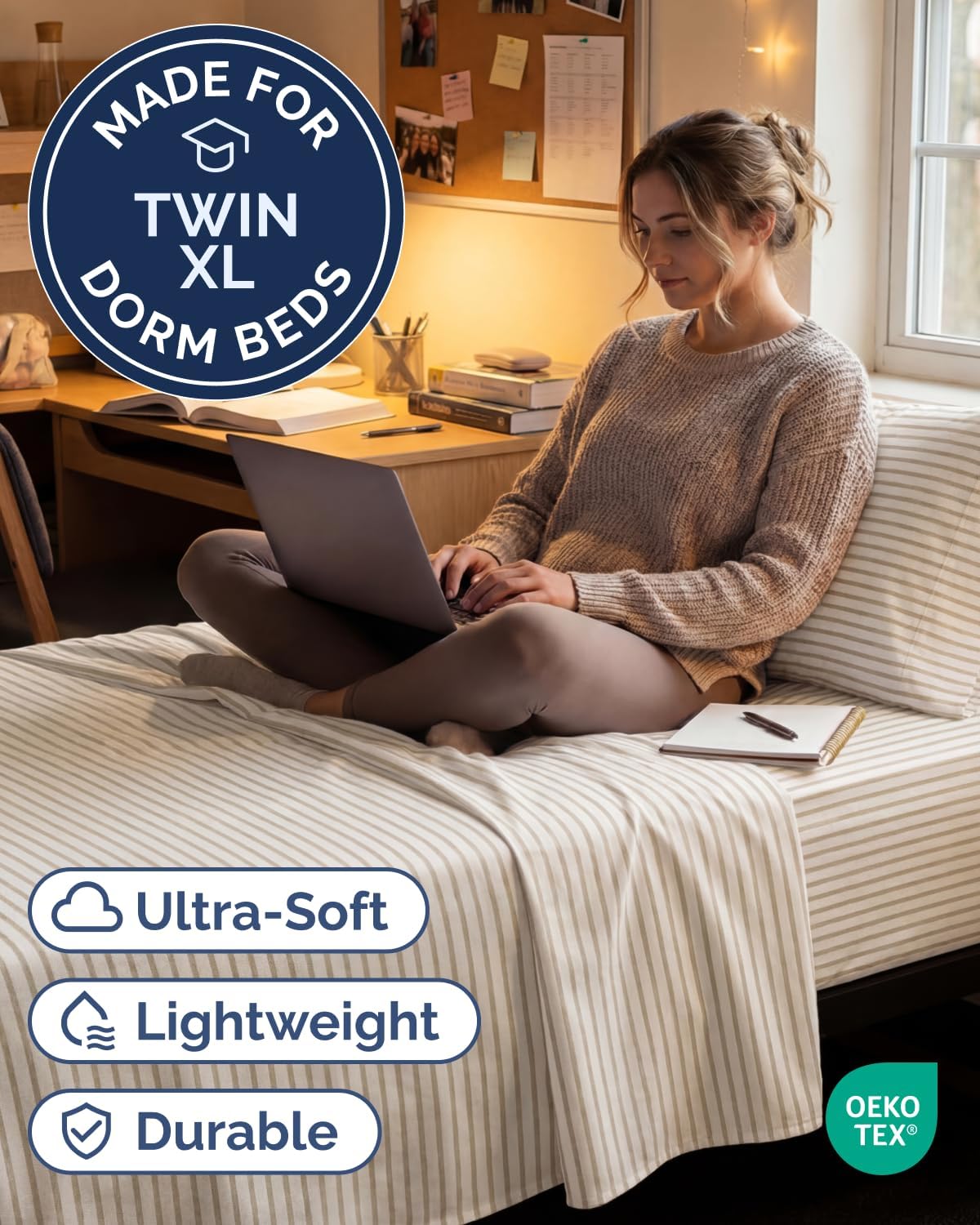 Skiennix Twin XL Sheet Set - Comfy Cooling Bed Sheets with Deep Pockets - Oeko-Tex Beige Stripes