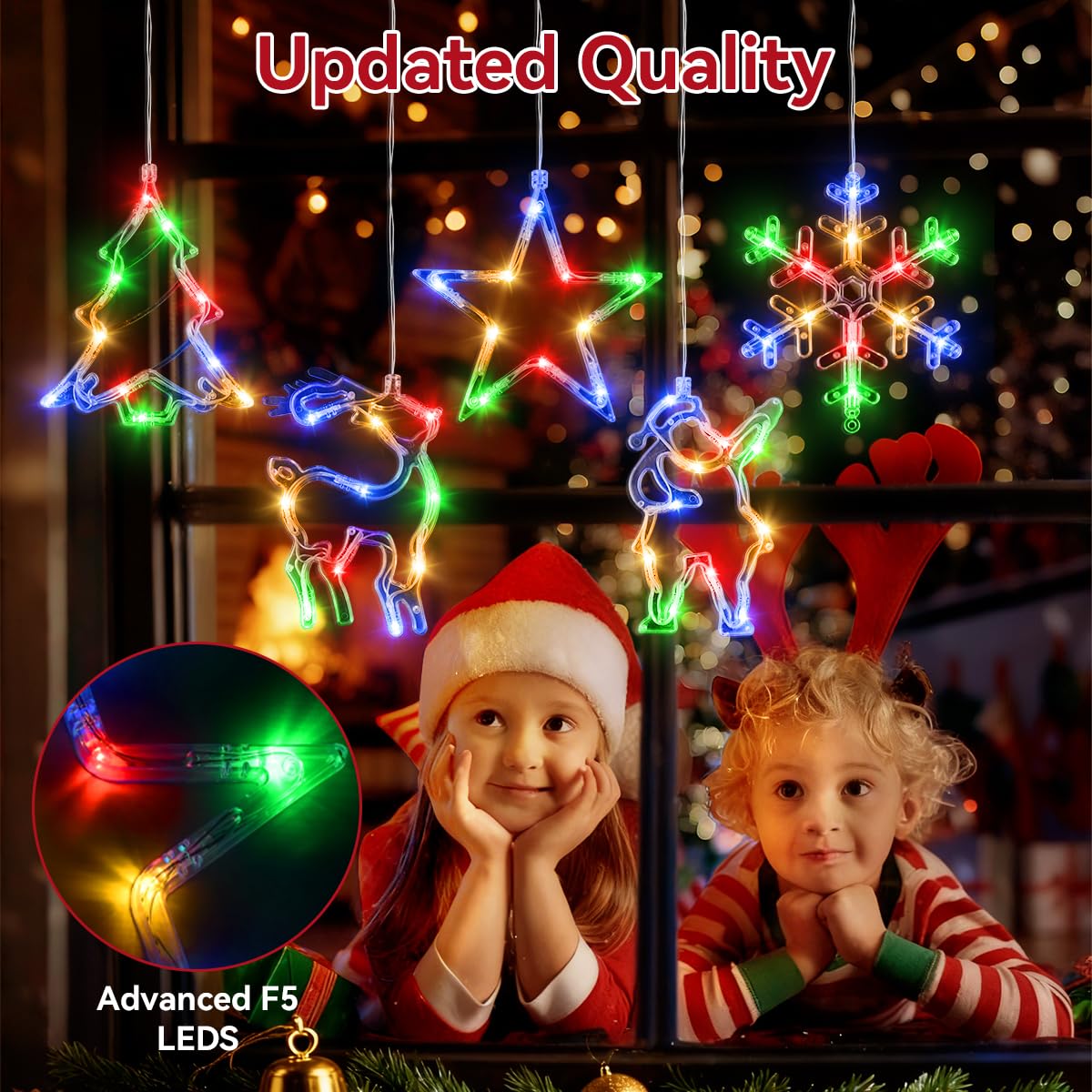 5Pcs Christmas Window Lights, Battery Powered Twinkle Lights Christmas Decorations Indoor Outdoor for Wall Door Porch Balcony Glass Decor with Suction Cup & Timer