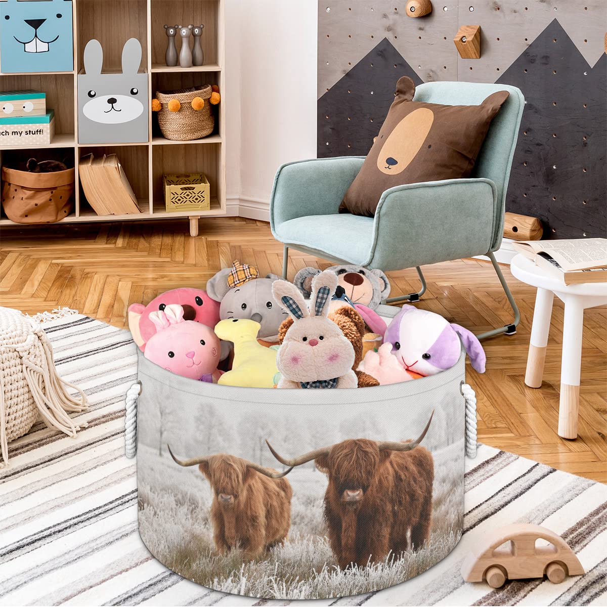 PAYOHTO Scottish Highland Cow Laundry Hamper Basket with Handles,Cotton Rope Woven Storage Bin for Clothes,Nursery Hamper,Toy Box,Clothe Socks Blanket Storage Organizer,Large Capacity 20Dx13.9H Inches