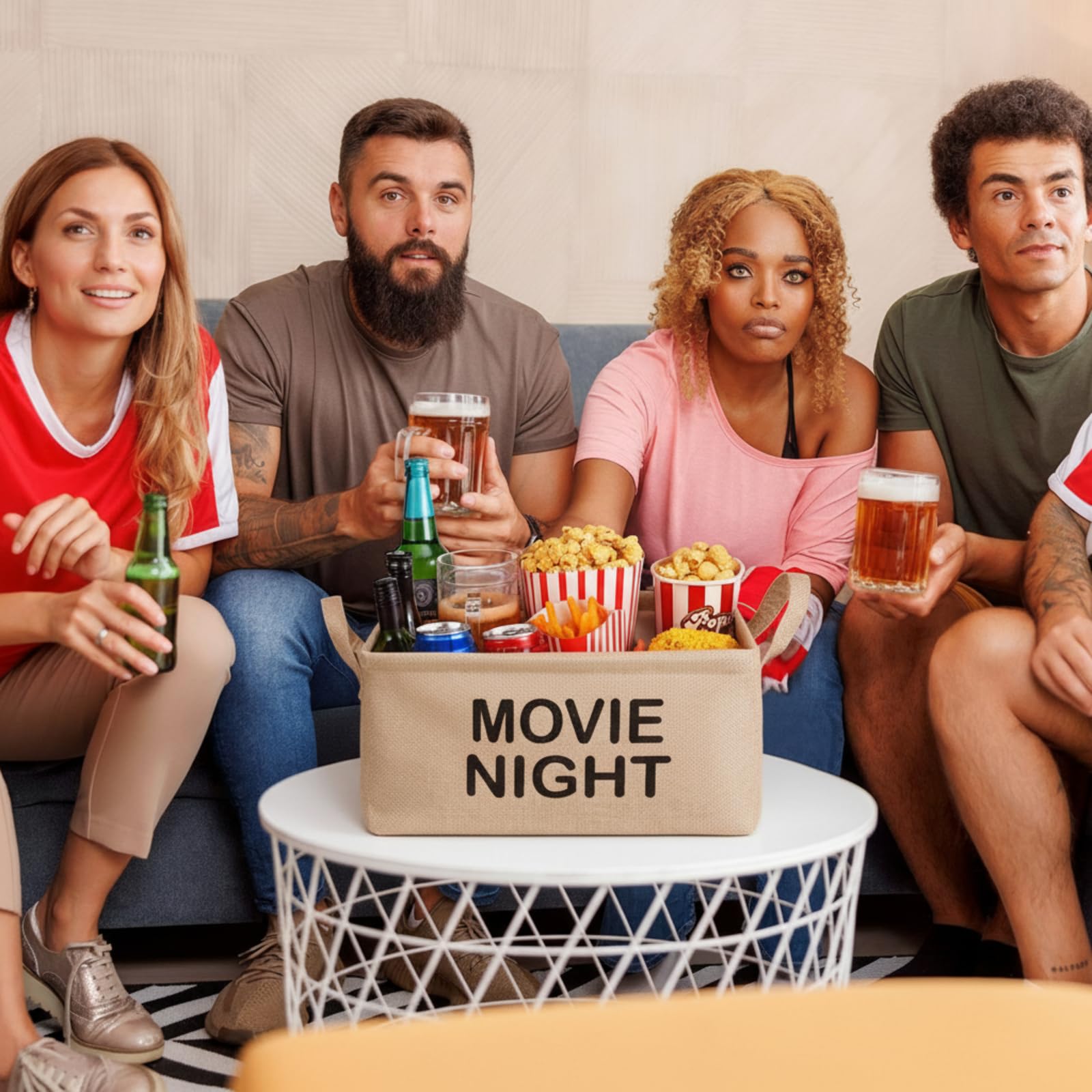 Gandeer Large Movie Night Snack Basket with Handles Movie Night Snack Tray Reusable Burlap Storage Organizer for Theater Popcorn Bucket Bowl Box Container Family Film Holiday Parties(Khaki, Classic)