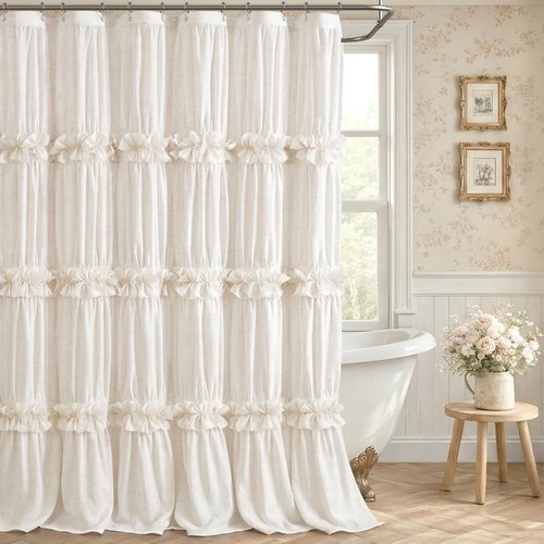 XOGUIBO Ruffle Shower Curtain with Bow Vintage Farmhouse Linen Shower Curtain for Bathroom, Cream, 72" W x 72" H