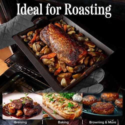 Classic Cuisine Iron Roasting Pan - Pre-Seasoned with Brass Handles & Flanged Edges | Versatile Cookware for Oven, Stovetop, Grill