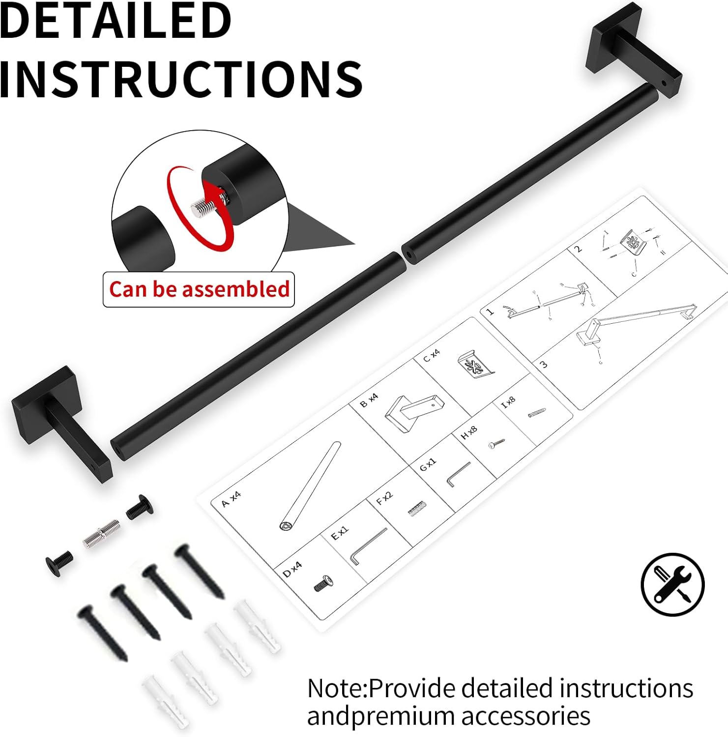 MKO Towel Bar - 24" Hand Towel Holder Rod | Durable Black Metal Wall-Mounted Rack - 2 Pack
