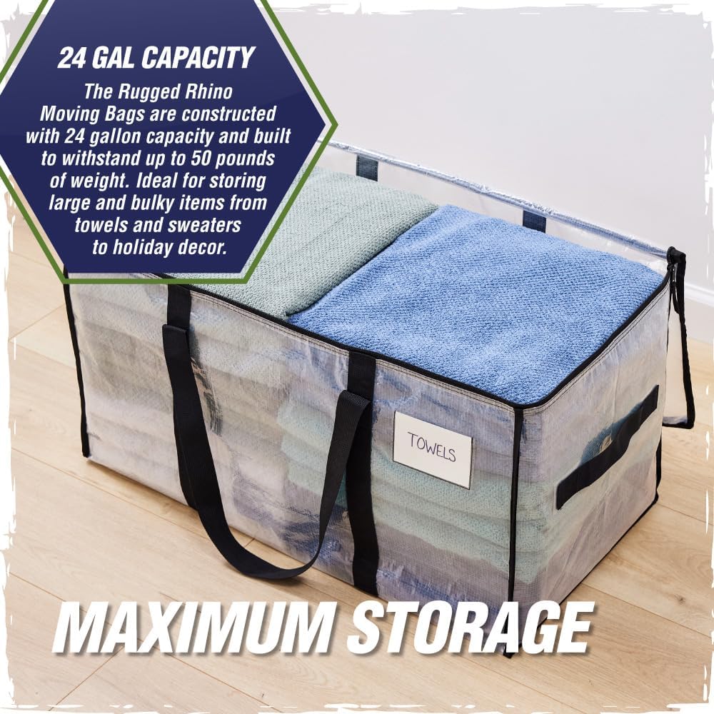 RUGGED RHINO Heavy Duty Extra Large Moving Bags - Durable Zipper & Strong Handles | Space-Saving Storage, Blue/Clear