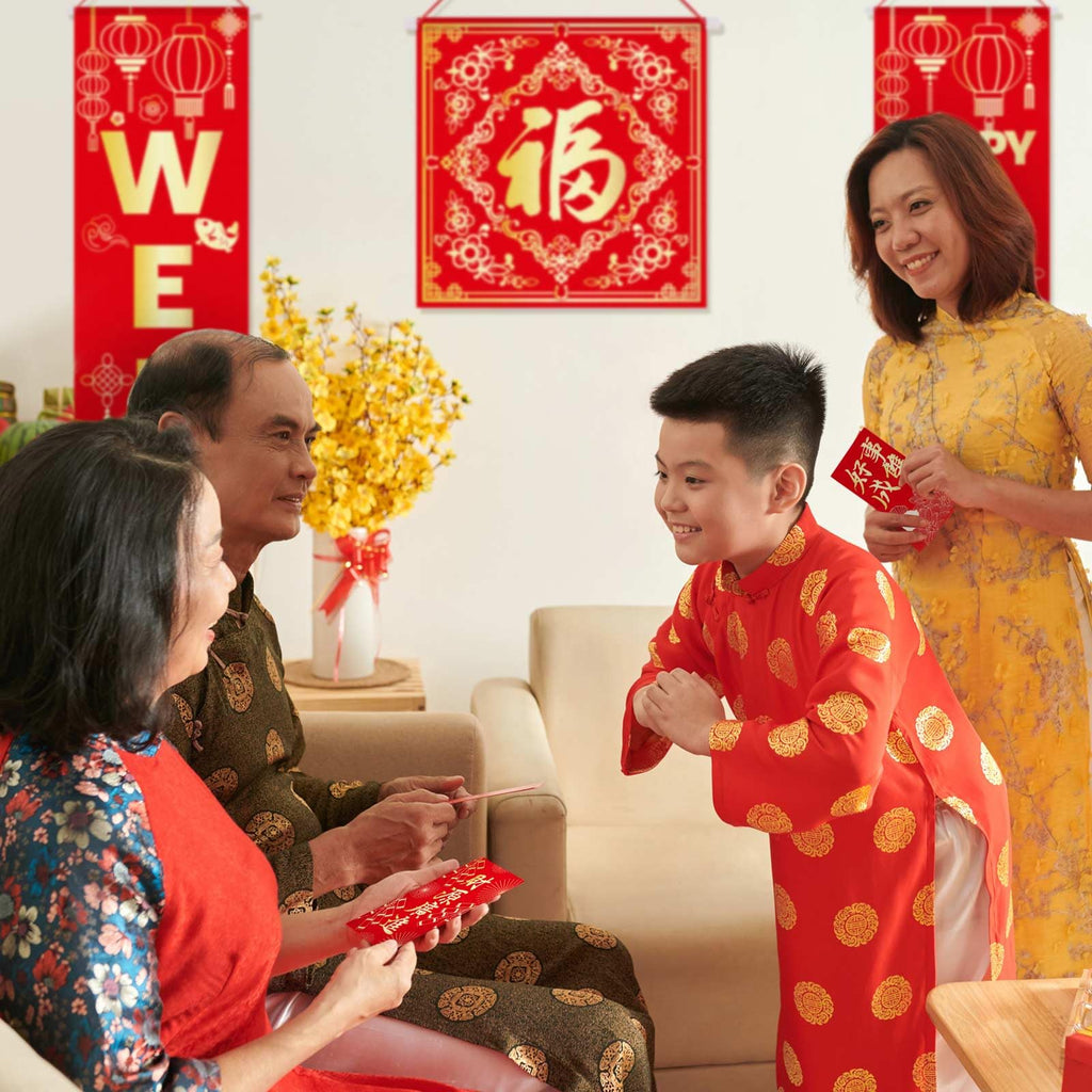 Marspark 20 Pcs Chinese New Year Decorations 2026 Set, Lunar Year Banner Decor Couplet Chunlian Fu Character Red Paper Lanterns Porch Sign Window Decor Envelope for Spring Home Office Festival Party