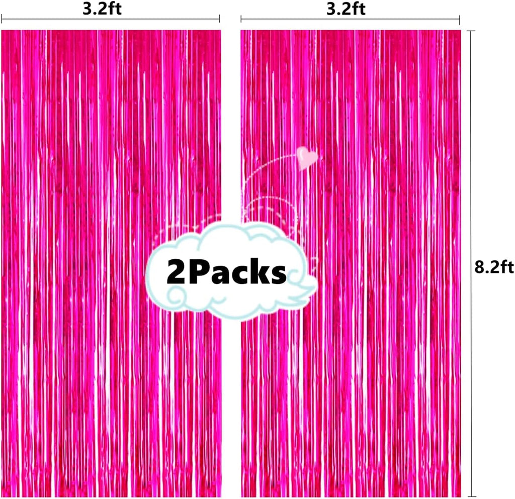 Skiennix Shiny Hot Pink Metallic Tinsel Foil Fringe Curtains - 3.2ft x 8.2ft Photo Booth Backdrop for Celebrations