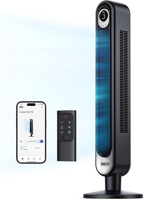 Dreo Smart Tower Fan - WiFi Voice Control Bladeless Oscillating Fan | 6 Speeds, 4 Modes, Remote, 12H Timer
