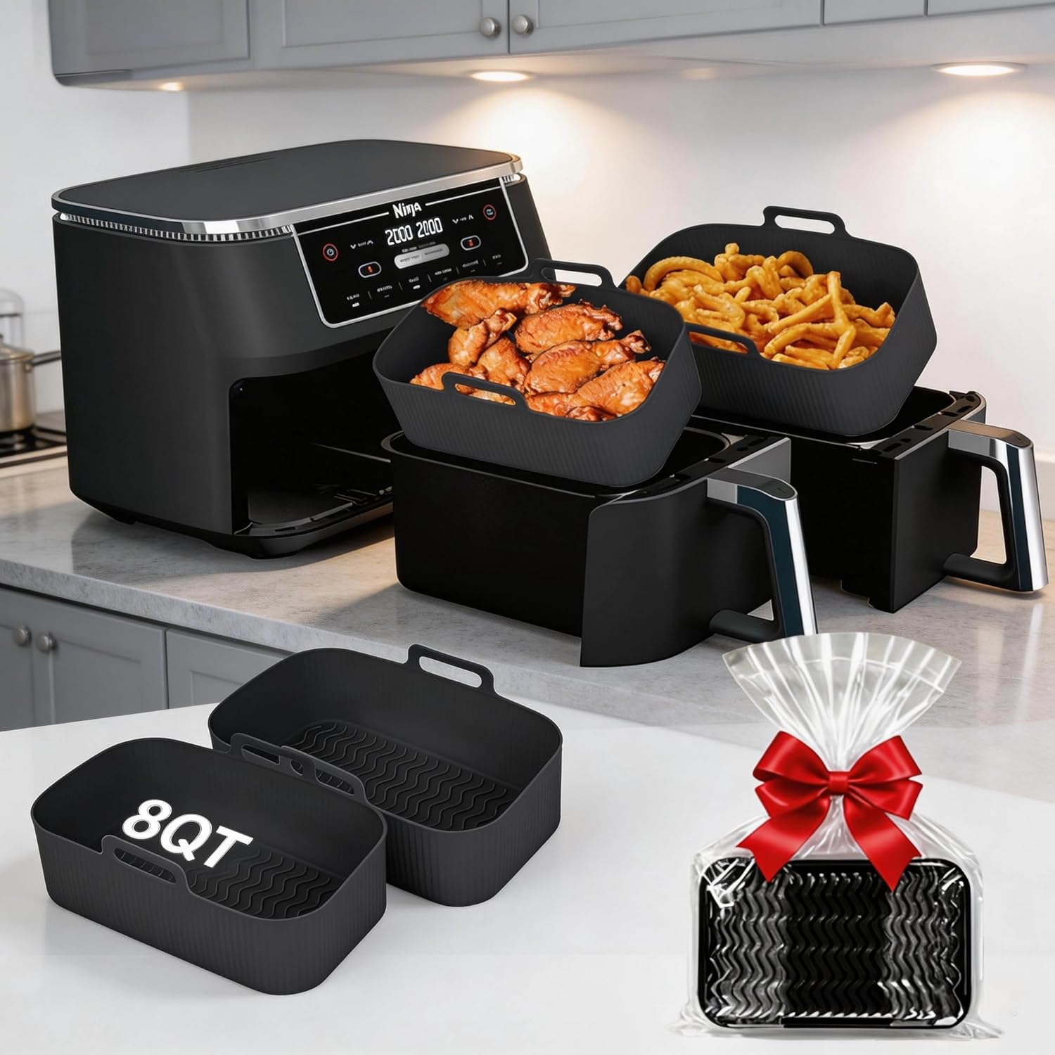 Ninja Silicone Air Fryer Liners - Reusable 8QT Dual Basket | Easy-Clean Dishwasher-Safe 2-Pack