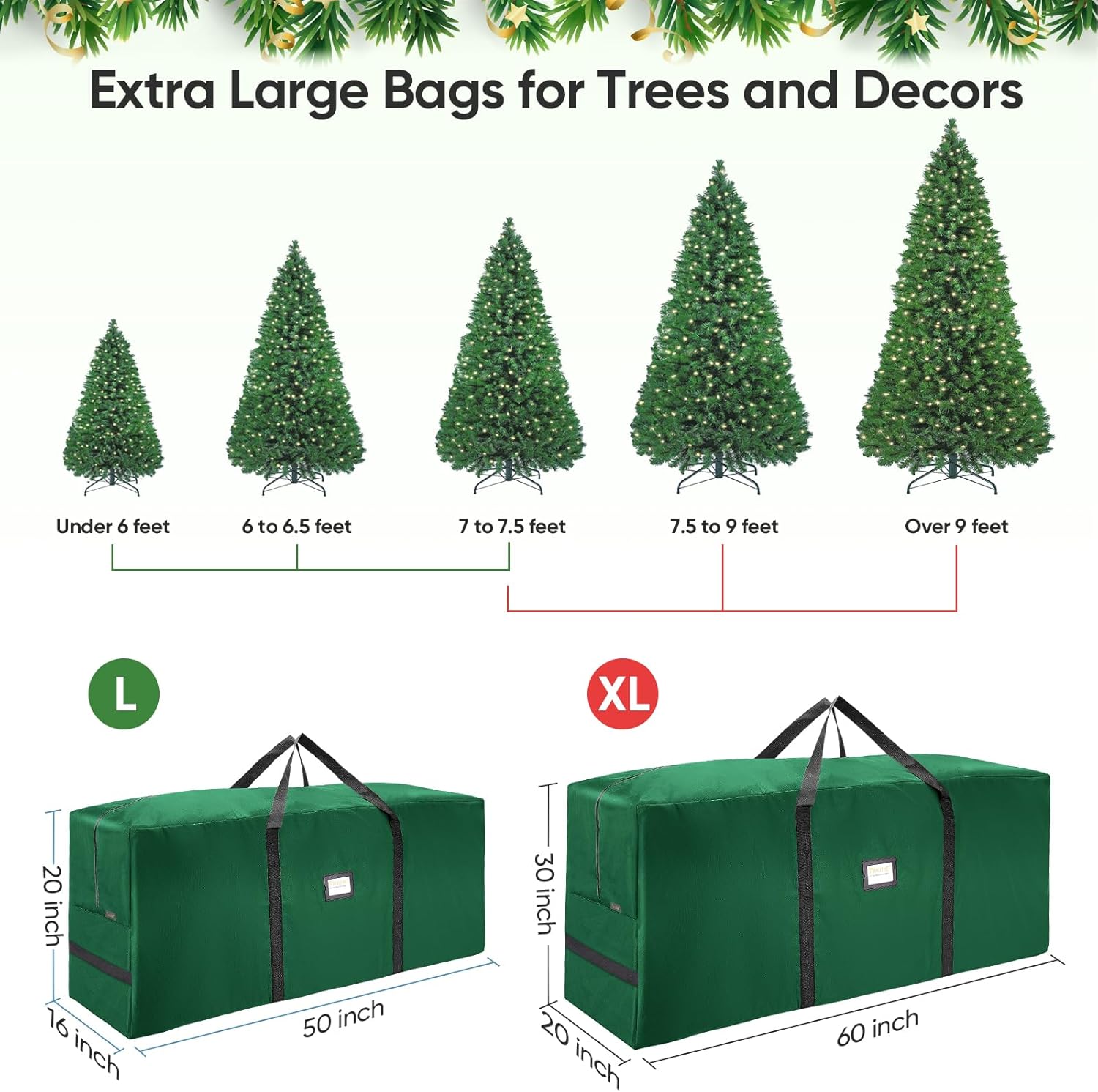 BALEINE Christmas Tree Storage Bag - Heavy Duty 900D Oxford Fabric, Extra Large with Dual Zippers (Green)