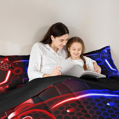 Erosebridal Gamer Comforter Set for Boys Bedding Set 2-Piece Game Console Comforter for Kids Girls Teen 3D Black Gamepad Gaming Bed Sets with Neon Check(Red Blue,Twin)