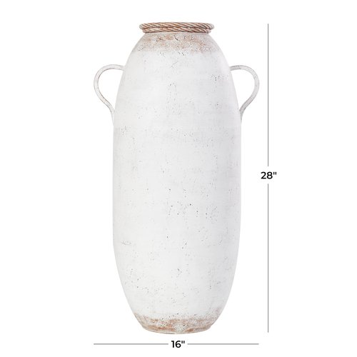 Deco 79 Metal Decorative Vase Antique Style Centerpiece Vase with Terracotta Accents and Handles, Flower Vase for Home Decoration 16" x 12" x 28", White