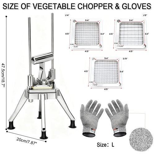 CTJ Commercial Vegetable Chopper & French Fry Cutter with (1/4" 3/8" 1/2") Replacement Blades Stainless Steel Veggie - Home Kitchen or Restaurant Use for Tomato Peppers Potato