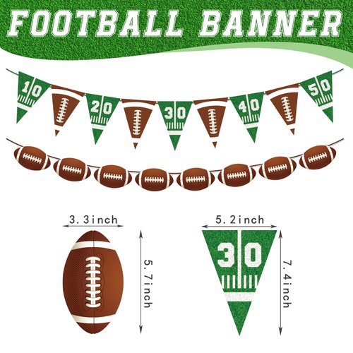 Pre-strung Football Party Decorations Banner - 4 Pack Football Garland with Triangle Flags & Pennants for Sports Themed Birthday, Tailgate Party Supplies