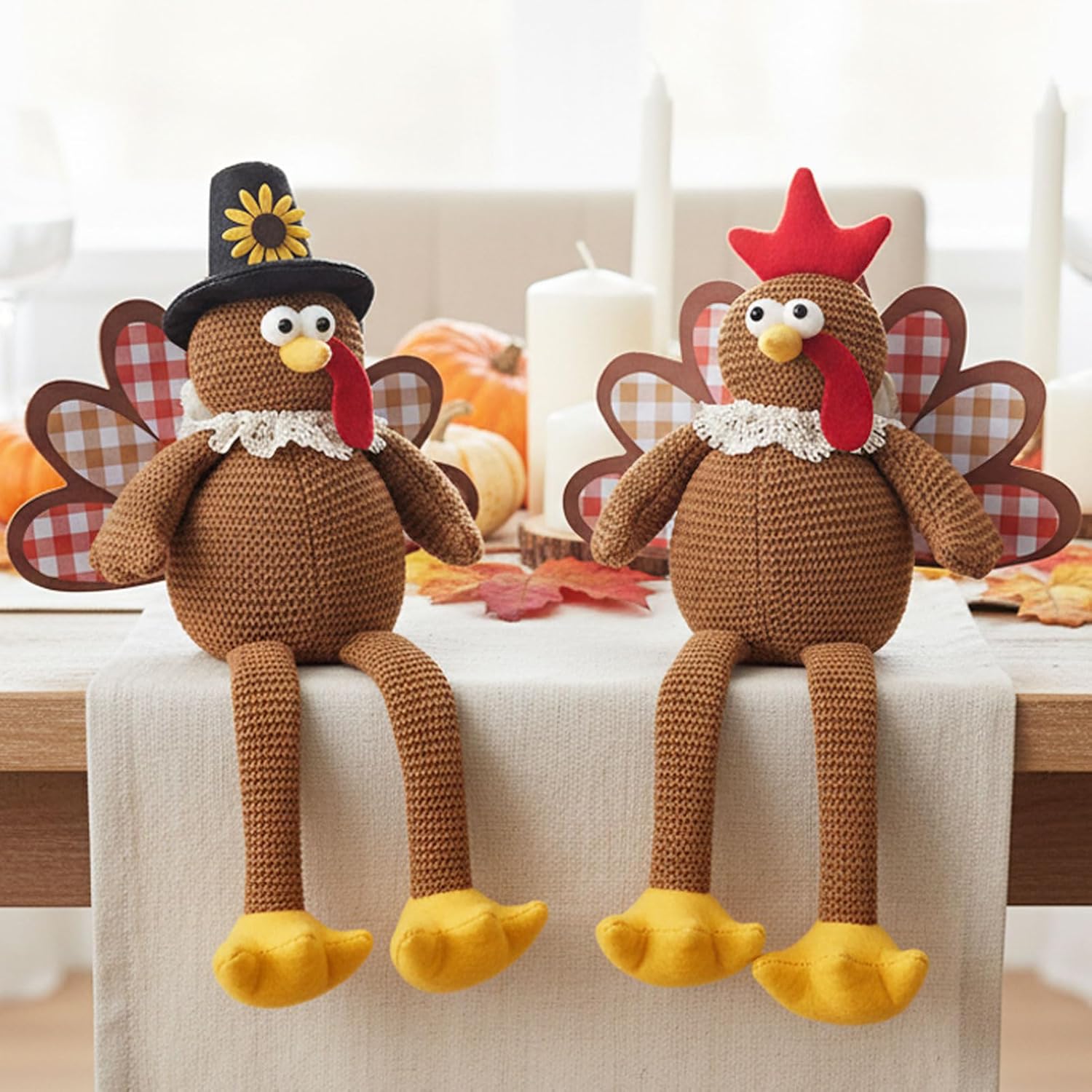 Regine Switzerland Thanksgiving Turkey Decorations - Set of 2 Plush Dolls for Fall Harvest Home Decor | Brown