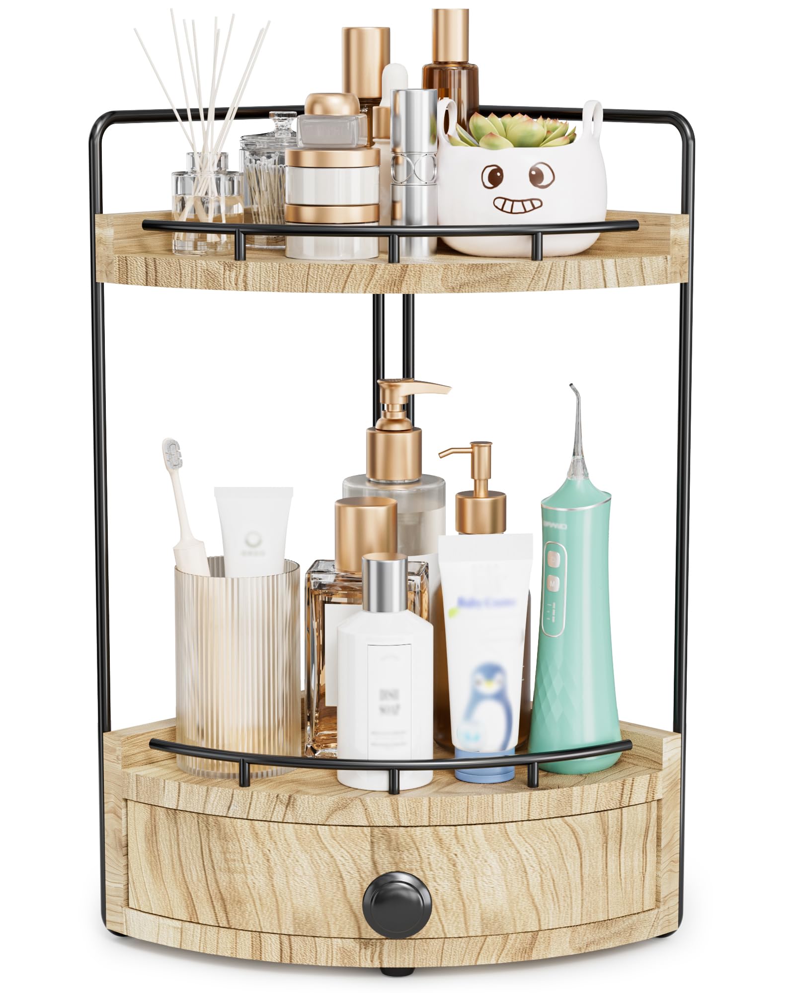2-Tier Corner Bathroom Counter Organizer with Drawer & Embedded Screw Holes - Wooden Countertop Organizers for Skincare, Makeup Storage, Bathroom Sink Counter Shelf for Vanity, Kitchen, Wood color