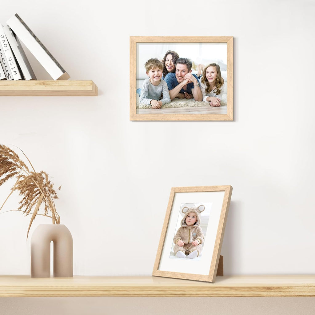 Upsimples 8x10 Picture Frame - Natural Solid Wood Display for 5x7 with Mat or 8x10 Without Mat