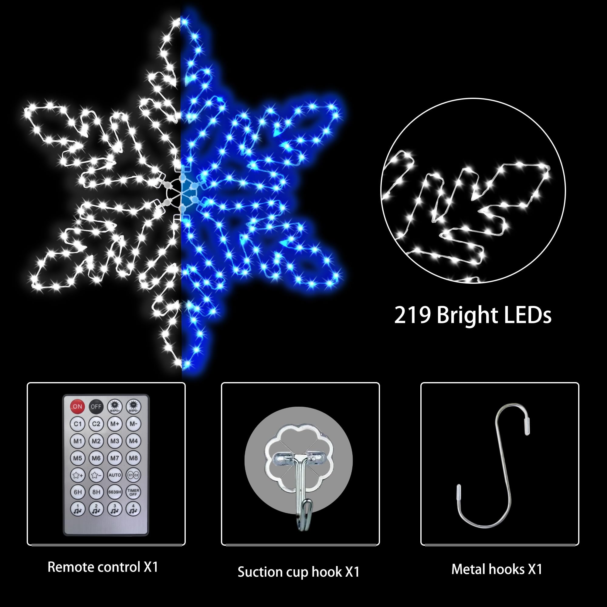 LiuZpatial Led Snowflake Lights Outdoor, 36" 219 LED Smart Blue White Snowflake Christmas Lights with APP Remote Control Timer Music Sync, Metal Frame & Removable for Christmas Window Decorations
