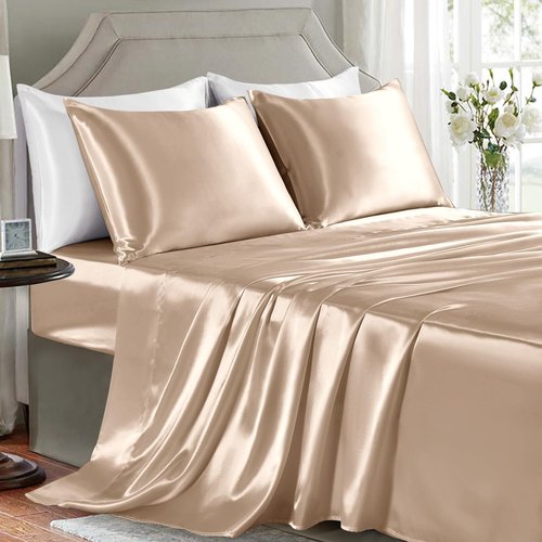 GOLAL Satin Sheets Queen Size - 4 Pieces Luxury Silky Soft Bed Sheets, Wrinkle-Free Champagne Satin Silk Sheet Set with 1 Deep Pocket Fitted Sheet, 1 Flat Sheet, 2 Pillow Cases