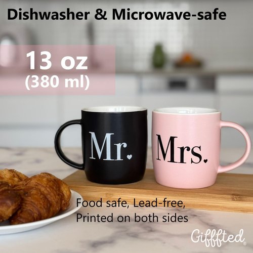Triple Gifffted Mr and Mrs Coffee Mugs Couples Gifts Ideas for Wedding Anniversary Engagement Valentines Christmas His Hers Present Husband Wife Him Her Men Women, Bride Groom Newlyweds, Ceramic 13Oz