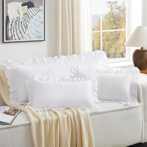 KKJIAF White Lumbar Pillow Cover - Soft Microfiber Ruffled Sham for Couch & Bed | 14x36 Inch