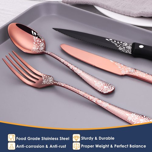 EUIRIO 72-Piece Copper Silverware Set with Steak Knives,Rose Gold Flatware Set for 12,Stainless Steel Tableware Cutlery Set，Kitchen Utensils Spoon and Fork Set with Floral Laser，Dishwasher Safe