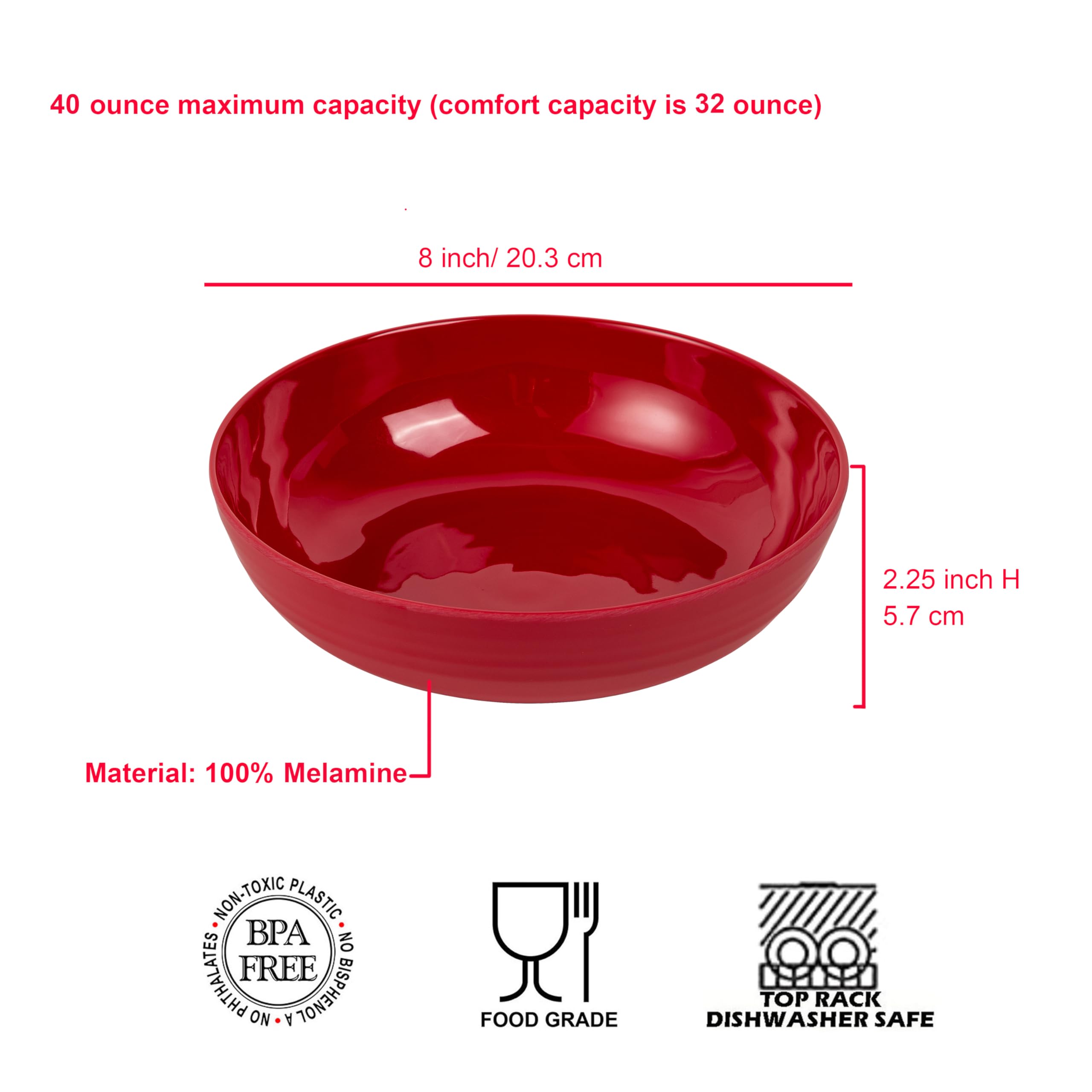 KX-WARE 8-inch Melamine Bowls, 40-ounce Salad/Pasta/Dinner Bowls, set of 6 Multicolor
