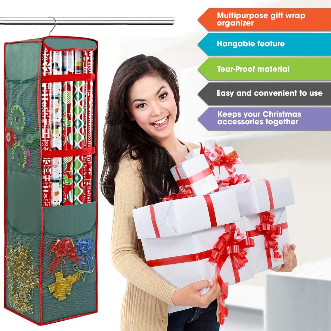 ProPik Christmas Wrapping Paper Storage Bag - Swivel Hanger with 25 Roll Capacity, 40 Inch, Green
