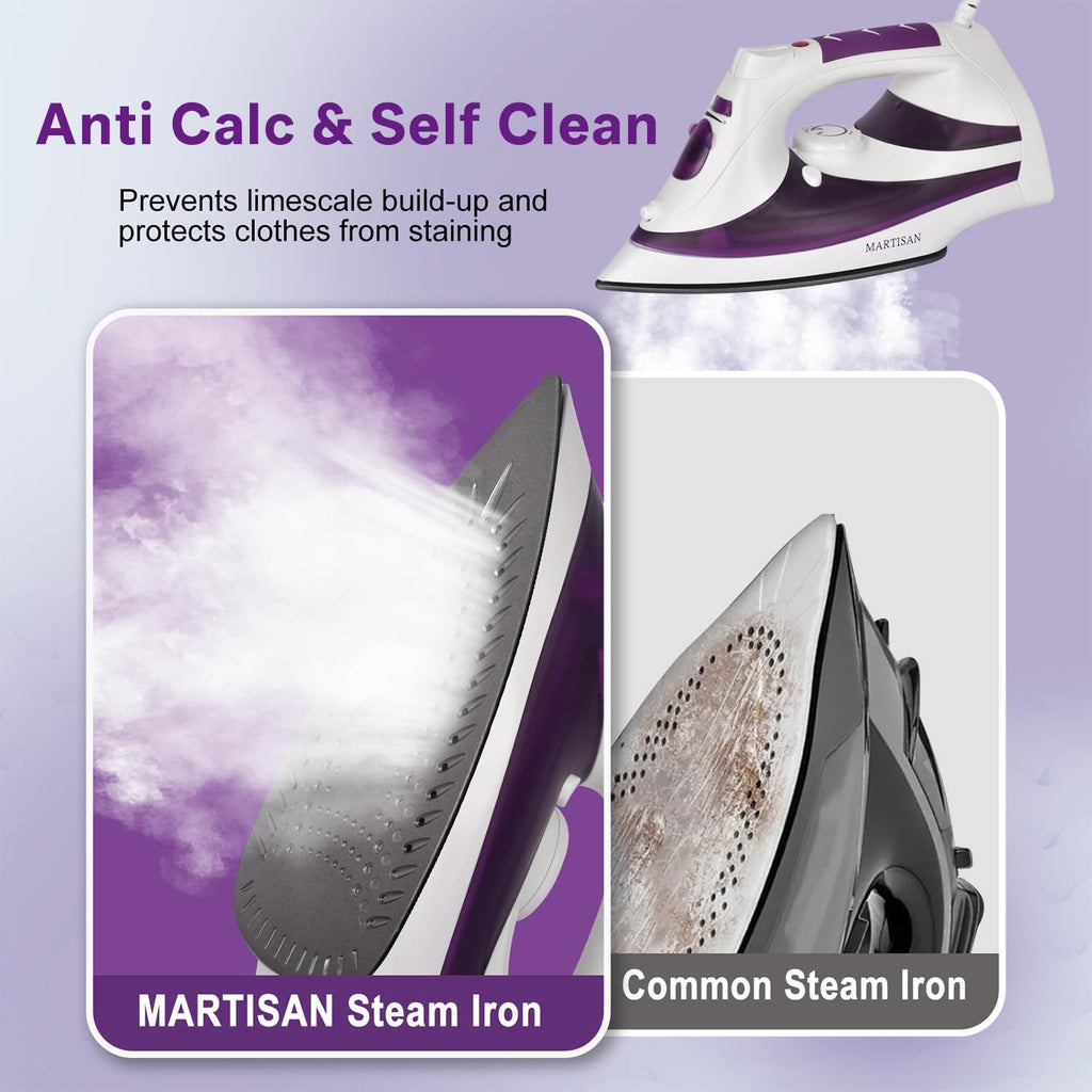 MARTISAN Steam Iron, New Version, Mini Steamer, Powerful Steam, Anti-Calc, Anti-drip, Self-Cleaning, Smooth Non-stick Soleplate, Variable Temperature, Steam Burst, Purple