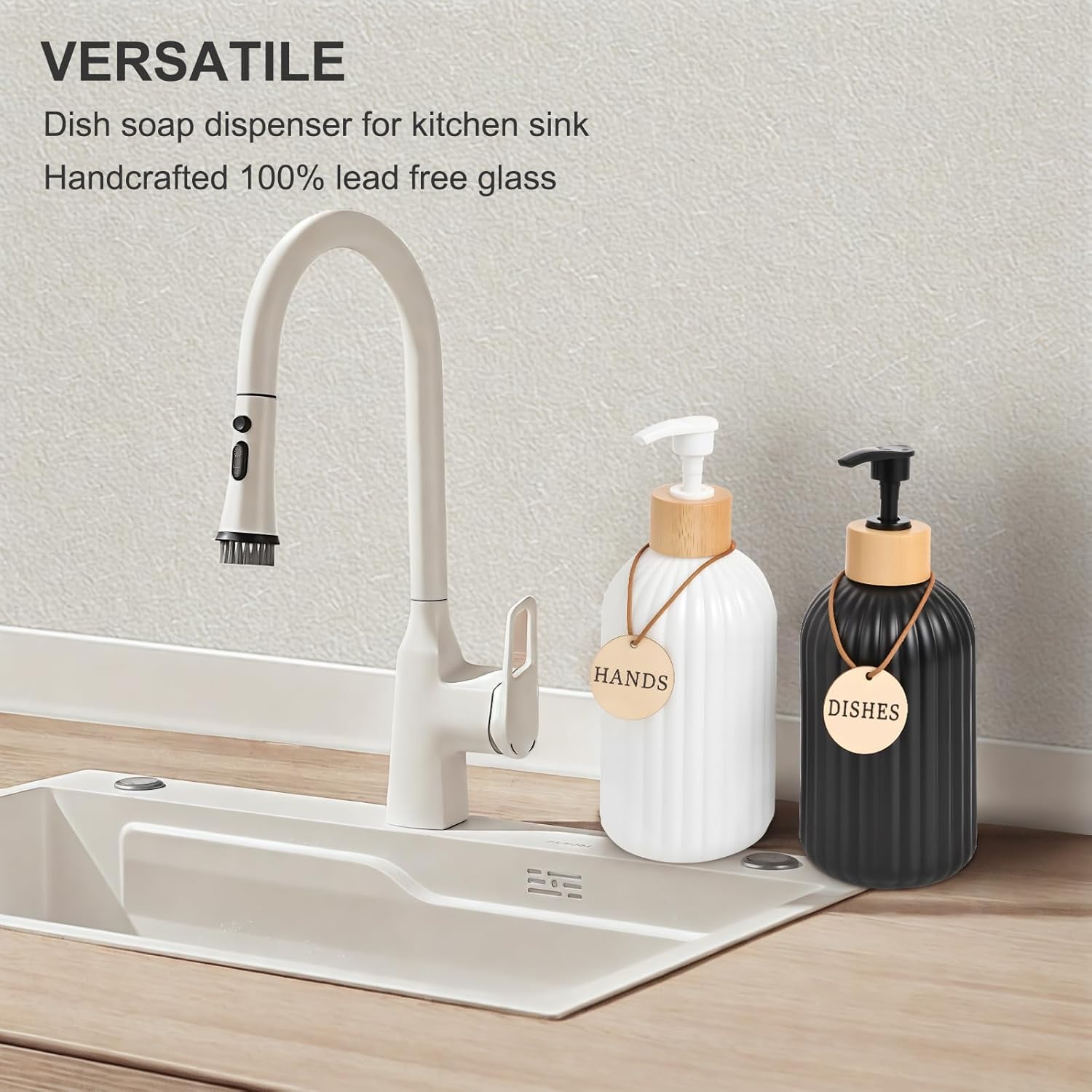 ViserVita Glass Hand Soap Dispenser Set - Elegant Bamboo Pump | 2 Pack for Kitchen & Bathroom Decor