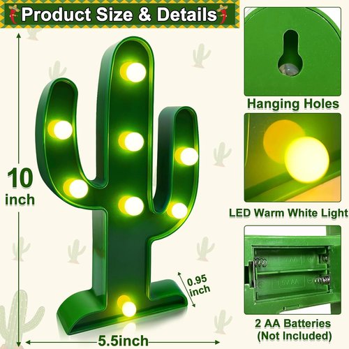 LED Cactus Light by Extra Large | 2 Pack - Cute Night Lamp for Cinco de Mayo Party Decor, 10 x 5.5 Inch