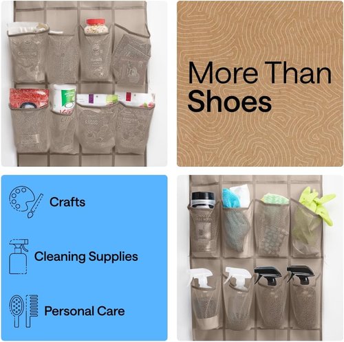 GORILLA GRIP Over The Door Shoe Organizer - 24 Large Breathable Mesh Pockets | Space-Saving Storage in Beige