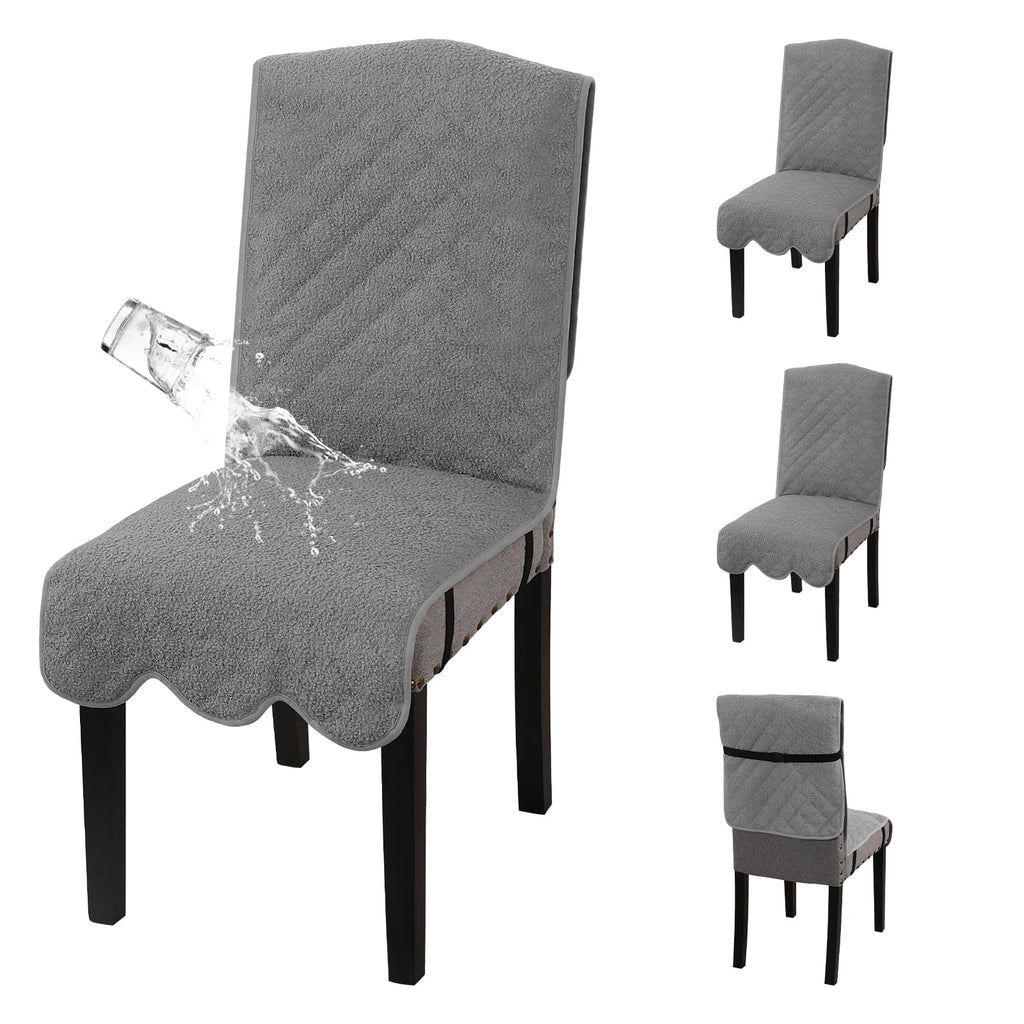 H.VERSAILTEX 100% Waterproof Dining Chair Covers Set of 4 Teddy Fleece Kitchen Chair Covers Parson Chair Slipcovers for Kitchen Dining Room, Grey