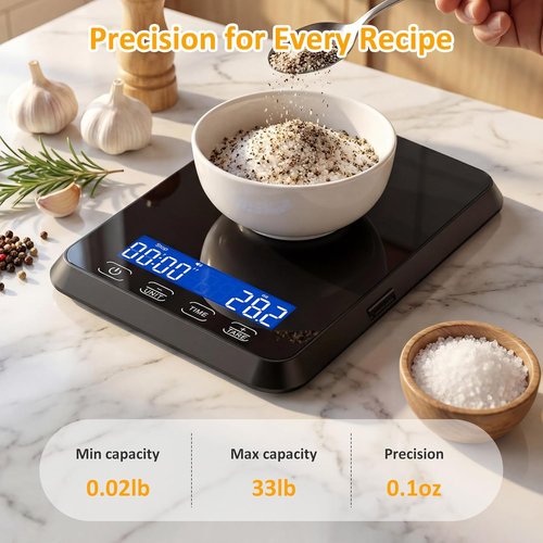 Letron Food Scale - High Precision 33 lb Kitchen Scale for Sourdough Baking | Rechargeable, 7 Units, Tare Function