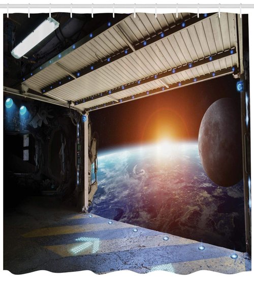 Ambesonne Outer Space Shower Curtain, Earth Scene from a Space Plane Runway Globe Galaxy up to Stars Sci-Fi Picture, Cloth Fabric Bathroom Decor Set with Hooks, 69" W x 84" L, Marigold Blue
