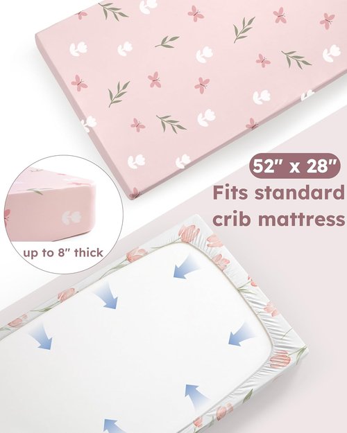 Baby Crib Sheets | Soft Breathable Microfiber Fitted Sheets for Standard Crib - 2-Pack Pink Tulips, 52" x 28"