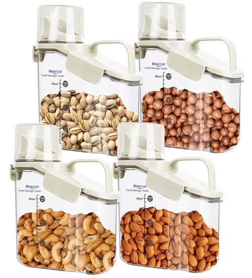 Besmall Small Cereal Containers Storage with Pour Spout and Measuring Cup Food Storage Containers Airtight Plastic Dry Food Dispenser for Flour, Grain, Rice, White, 1.6L / 54oz (4pcs)