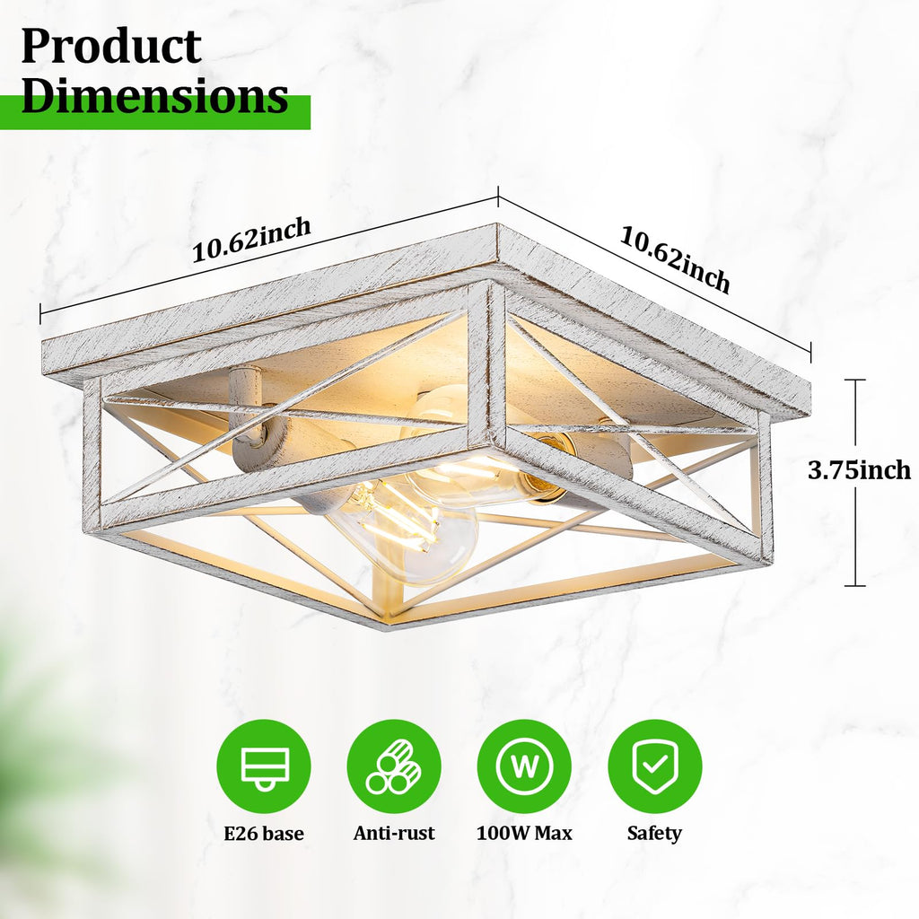 Kondras Antique White Hallway Light Fixture, 2-Light Farmhouse Flush Mount Ceiling Lighting, 1-Pack Metal Kitchen Lighting Fixture, Square Close to Ceiling Lamp for Bedroom Living Room Entryway