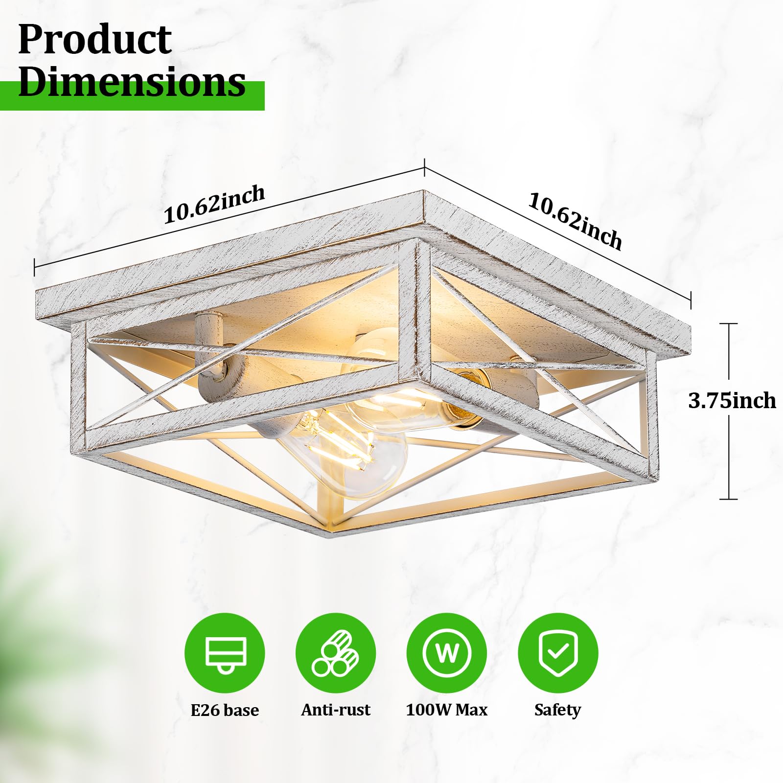 Kondras Antique White Hallway Light Fixture, 2-Light Farmhouse Flush Mount Ceiling Lighting, 1-Pack Metal Kitchen Lighting Fixture, Square Close to Ceiling Lamp for Bedroom Living Room Entryway