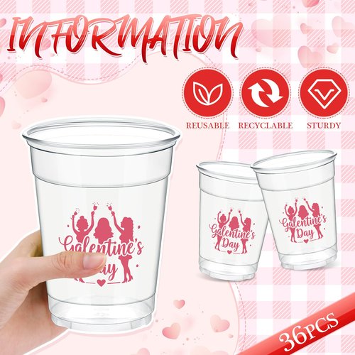 Willinglong 36 Pcs Galentine's Day Disposable Plastic Cups 12oz Clear Valentine's Day Galentine Theme Drinking Cups for Women Valentine Party Favor Supplies