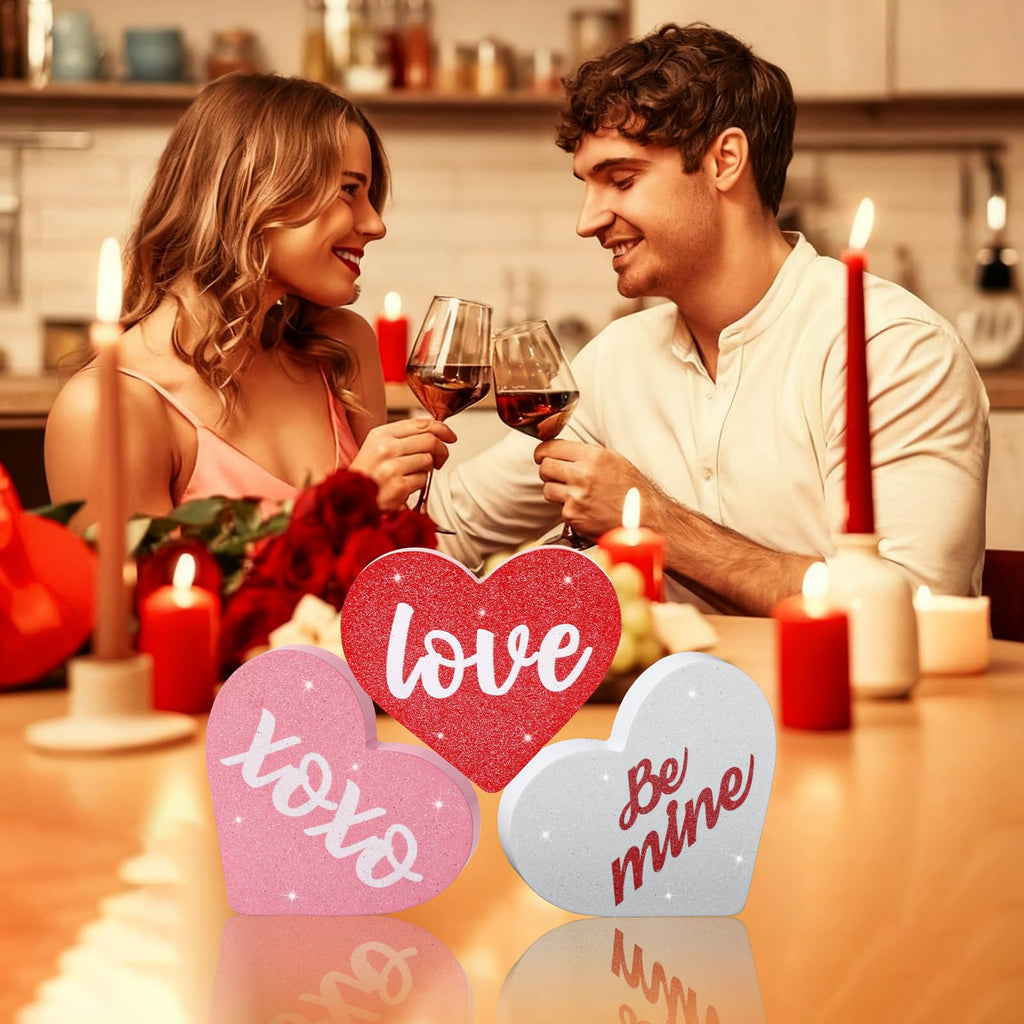 PETKNOWS Valentine's Day Wooden Heart Decor Set, Wooden Sign Set for Indoor Tabletop Decoration, Rustic Table Centerpiece for Home, Kitchen, Mantel Desk