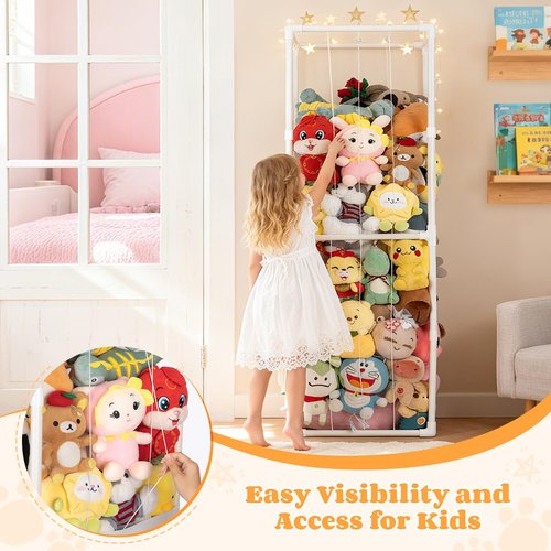 Stuffed Animal Storage,PVC Tube Zoo Stuffed Animal Holder with Elastic Band,Space Save Vertical Kids Plush Toy Organizer,Ideal for Boys Girls Nursery Playroom Kidroom Bedroom-White