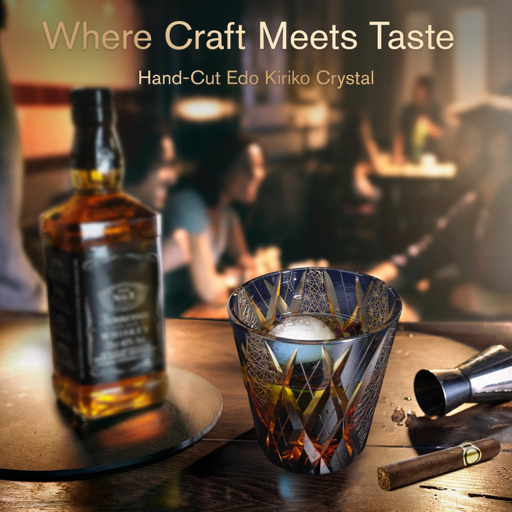 SANMENMO Edo Tokyo Kiriko Style Whiskey Glass – Handmade Crystal Tumbler for Bourbon, Scotch & Cocktails | Cut Glass Design, 8.5Oz | Japanese Old Fashioned Glass, Gift for Men&Women