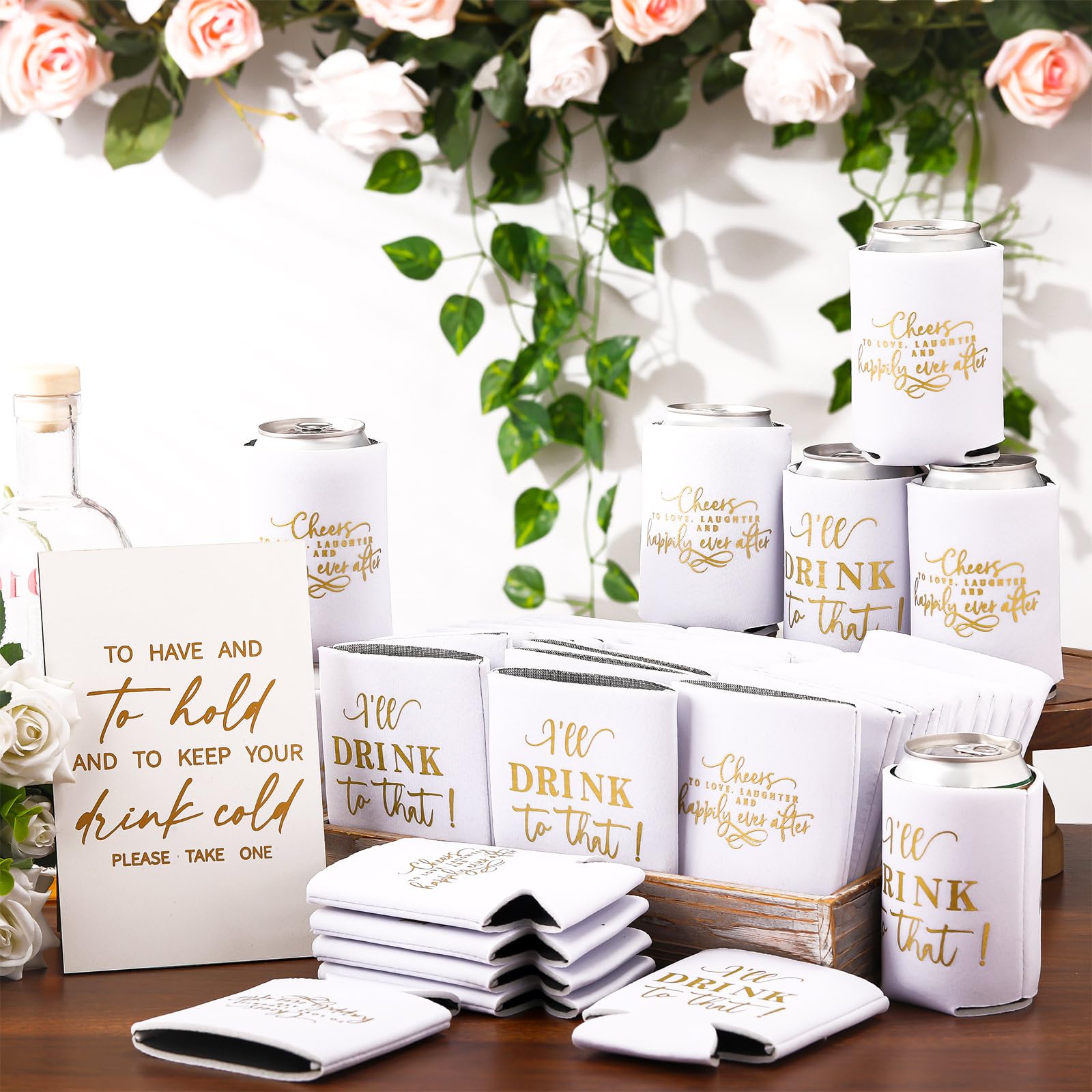 SiliFine 101 Pcs Wedding Can Cooler Bulk Engagement Party Favors for 100 Guests Cheers to Love Laughter, and I'll Drink Can Cooler with 1 Pcs Wooden Wedding Table Sign Bridal Shower Favor(White)