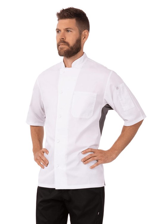 Chef Works Men's Valais V-Series Chef Coat, White W/ Grey Contrast, Large