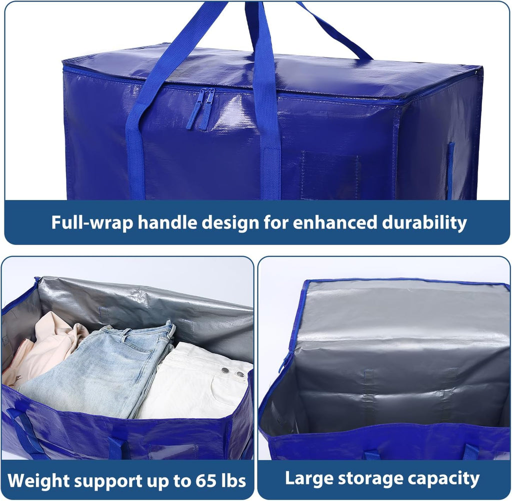 Skiennix Heavy Duty Moving Bags - Extra Large Waterproof Storage Totes with Handles & Zippers | 6 Pack (Blue)
