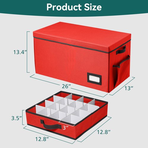 Peyulia Christmas Ornament Storage Box, Stackable Organizer with Lid and Pockets, Side Open, 8 Trays, 128-3" Holiday Ornament Container with Removable Trays and Adjustable Dividers, Red