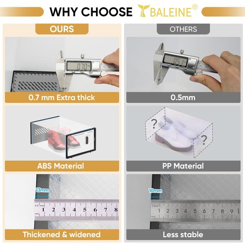 BALEINE 12 Pack Stackable Shoe Storage Boxes Fit Size 9, Thickened Clear Shoe Box Bins with Lids, Plastic Foldable Organizer Sneaker Storage Containers (12 Pack, Large White)