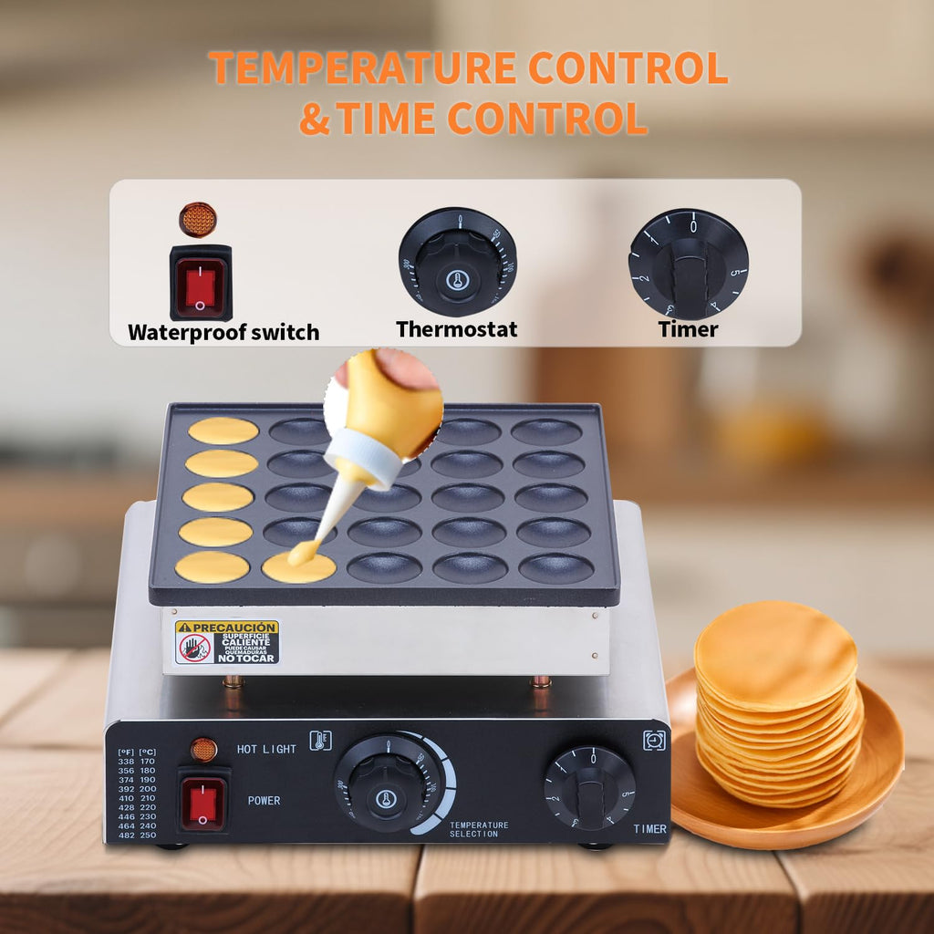 SNICE Commercial Electric Poffertjes Grill, Silver and Black, Stainless Steel, 25 Cavities, Temperature Control, 1700W Mini Dutch Pancake Maker