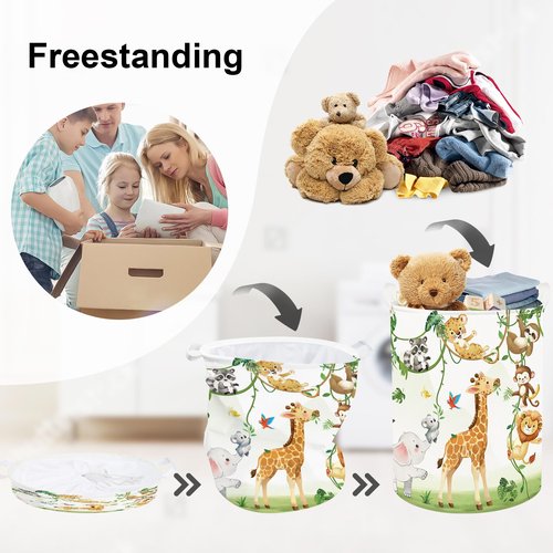 HUUMONSS Giraffes Baby Laundry Hamper with Handle Collapsible Clothes Kids Storage Basket Elephants Boys Girls Gift Toy Box Bin for Nursery Room, White, 63L
