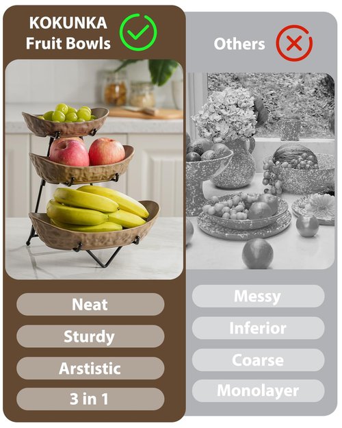 KOKUNKA 3 Tier Fruit Bowl for Kitchen Counter, Ceramic Fruit Basket with Metal Stand Tiered Fruit Display Set for Fruit, Vegetable, Cake, Dessert, Nuts, Snack, Brown